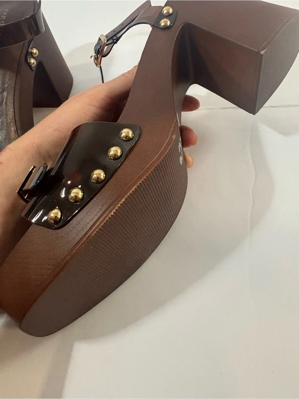 Madden Girl Brown Studded Platform Block Heel Buckle Ankle Strap Sandals